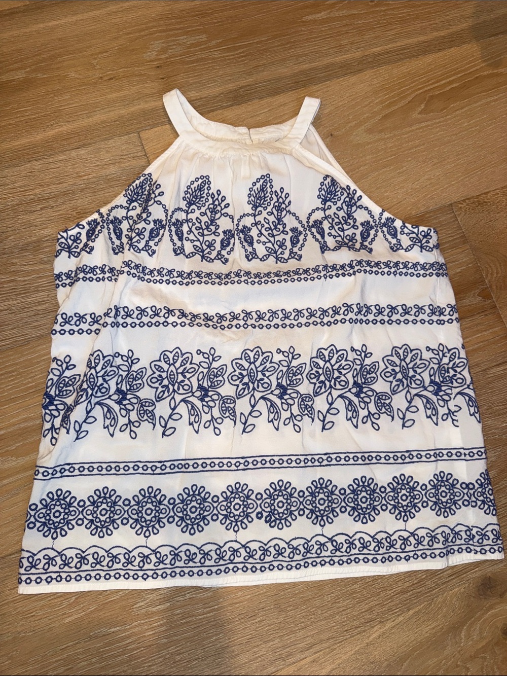 LOFT White Halter Tank with Blue Floral Embroidery